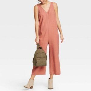 Women's Sleeveless Coral Cropped Jumpsuit with Pockets - Size XL